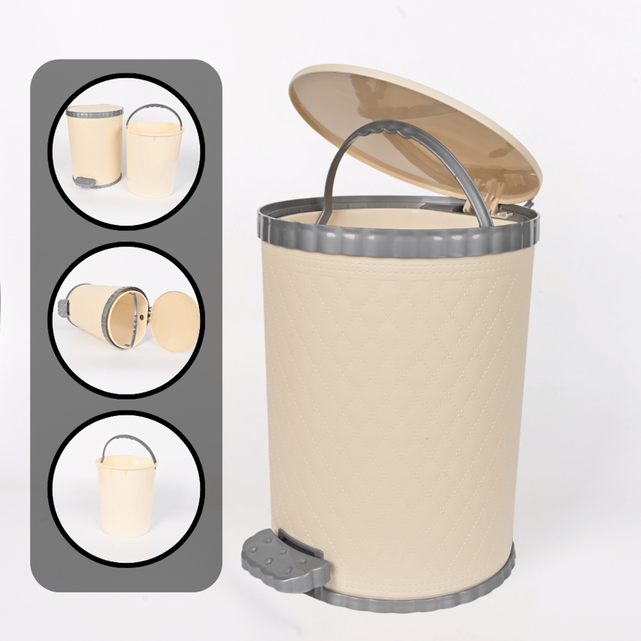 سلة مهملات بدعسة بلاستيك مع خط رمادي – تصميم عملي للمطبخ أو المكتب