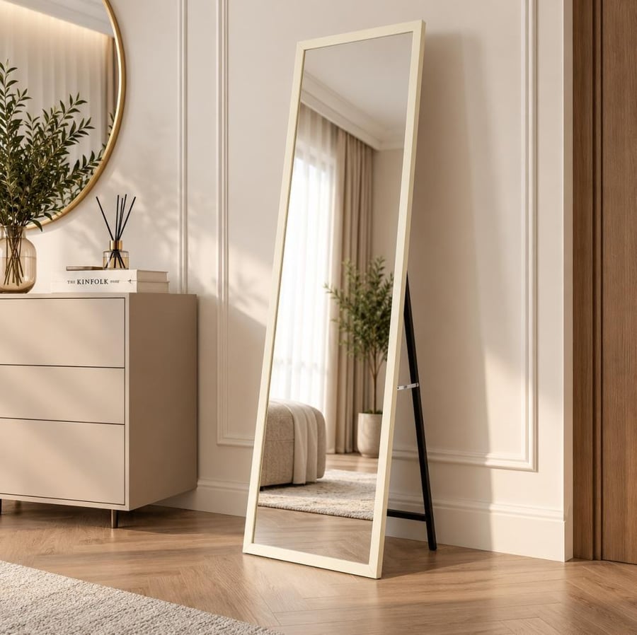 مراية طويلة أنيقة 165×65 سم مع استاند وإطار أبيض – مرآة أرضية كاملة الطول بتصميم مودرن لغرف النوم والمداخل وغرف الملابس