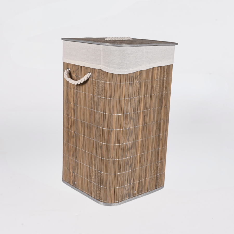 سلة غسيل مربعة مقاس 35×60 سم قابلة للطي بني رمادي مع غطاء خشبي وبطانة داخلية – تخزين وتنظيم الملابس
