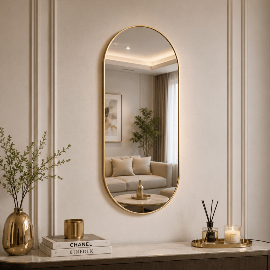 مراية جدارية زينترفا بيضاوية 120×60 سم لون ذهبي – مرآة حائط بتصميم مودرن فاخر بإطار معدني أنيق لديكور المداخل وغرف المعيشة وغرف النوم والحمامات