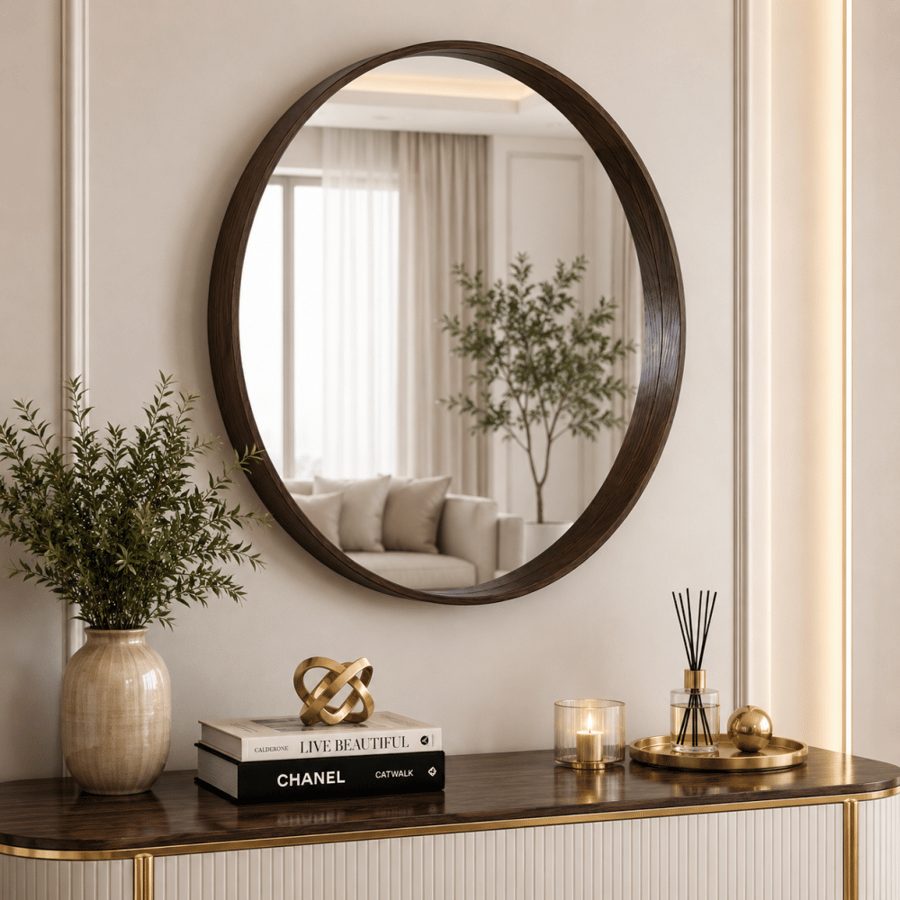 مراية مدورة ميرتو 80×80 سم بإطار خشبي بني – مرآة حائط دائرية بتصميم عصري فاخر للمداخل وغرف المعيشة وغرف النوم والحمامات
