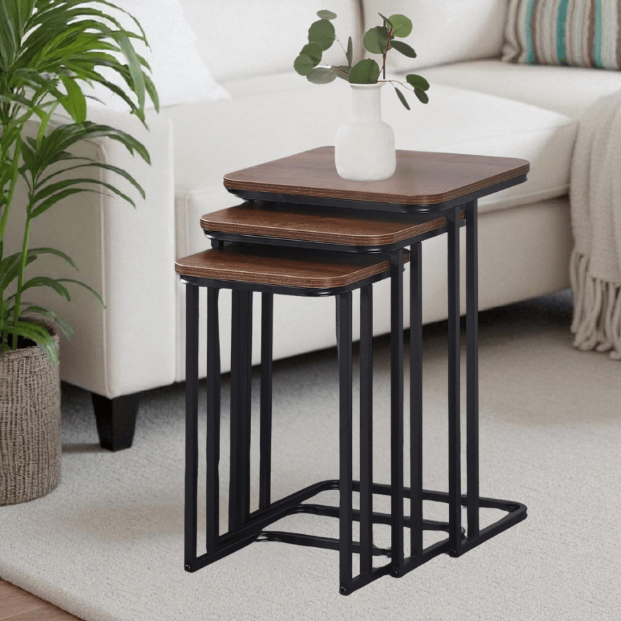 طقم 3 طاولات جانبية متداخلة سطح مربع خشبي بني – نوفرا تصميم أنيق متعدد الاستخدامات