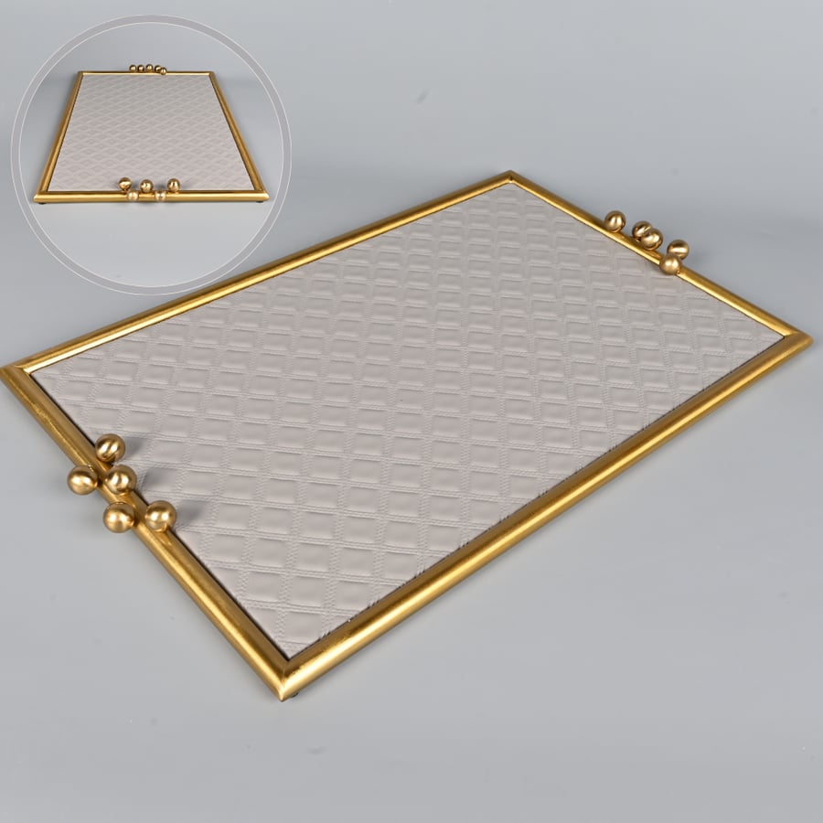 طوفرية تقديم جلد رمادي غامق مستطيلة 51×31 سم بإطار استيل نحاسي – صينية أنيقة للضيافة وتقديم القهوة والشاي