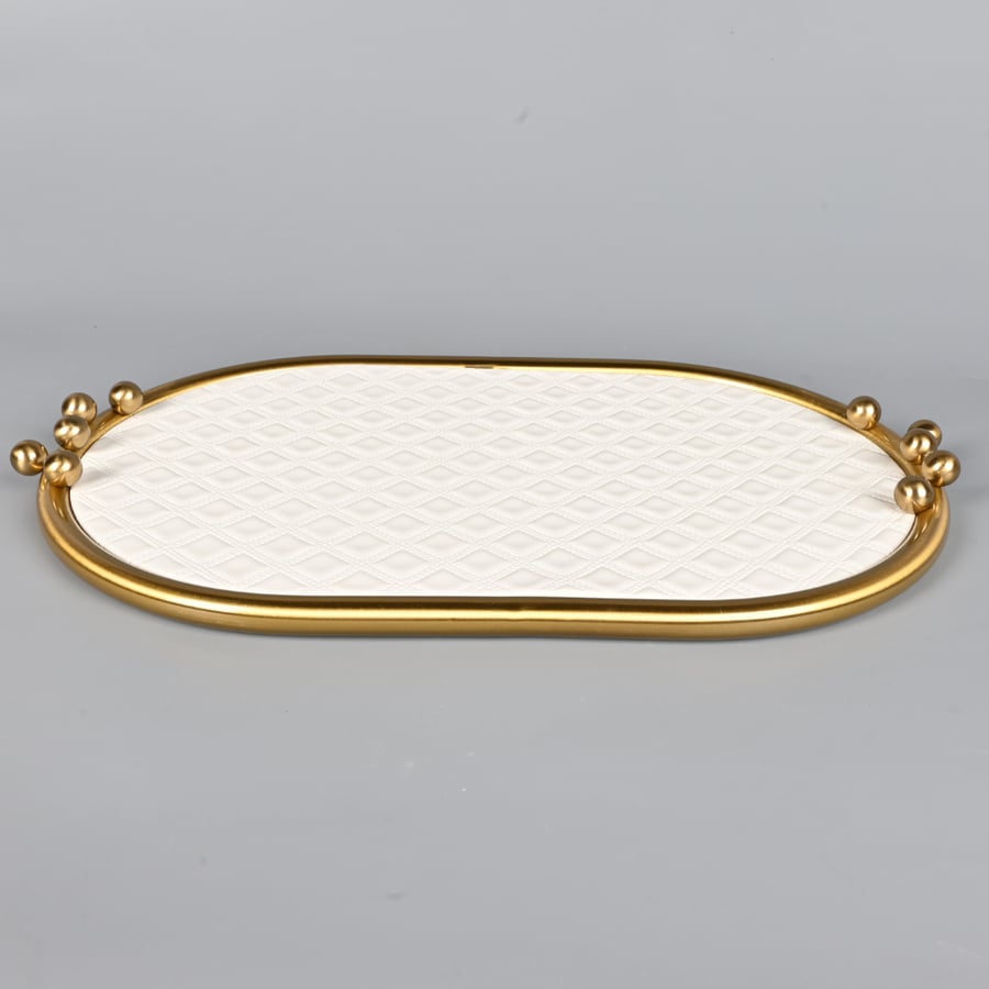 طوفرية تقديم بيضاوية جلد اوف وايت بإطار استيل بلون نحاسي - صينية أنيقة للتقديم والضيافة