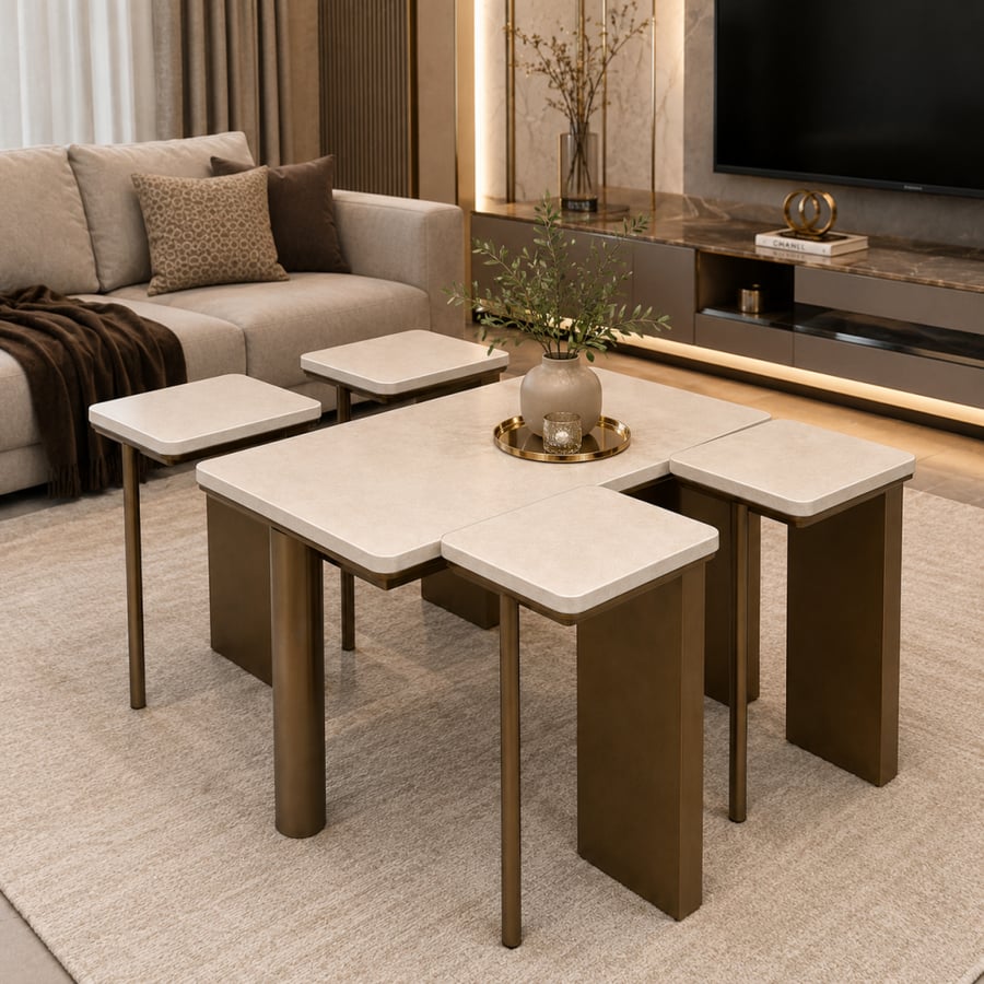 طقم طاولات ضيافة فينتورا مودرن 5 قطع (1+4) بسطح بديل رخام – طاولات قهوة وسط بتصميم عصري فاخر متعددة الاستخدامات لغرفة المعيشة والمجالس والديكور المنزلي