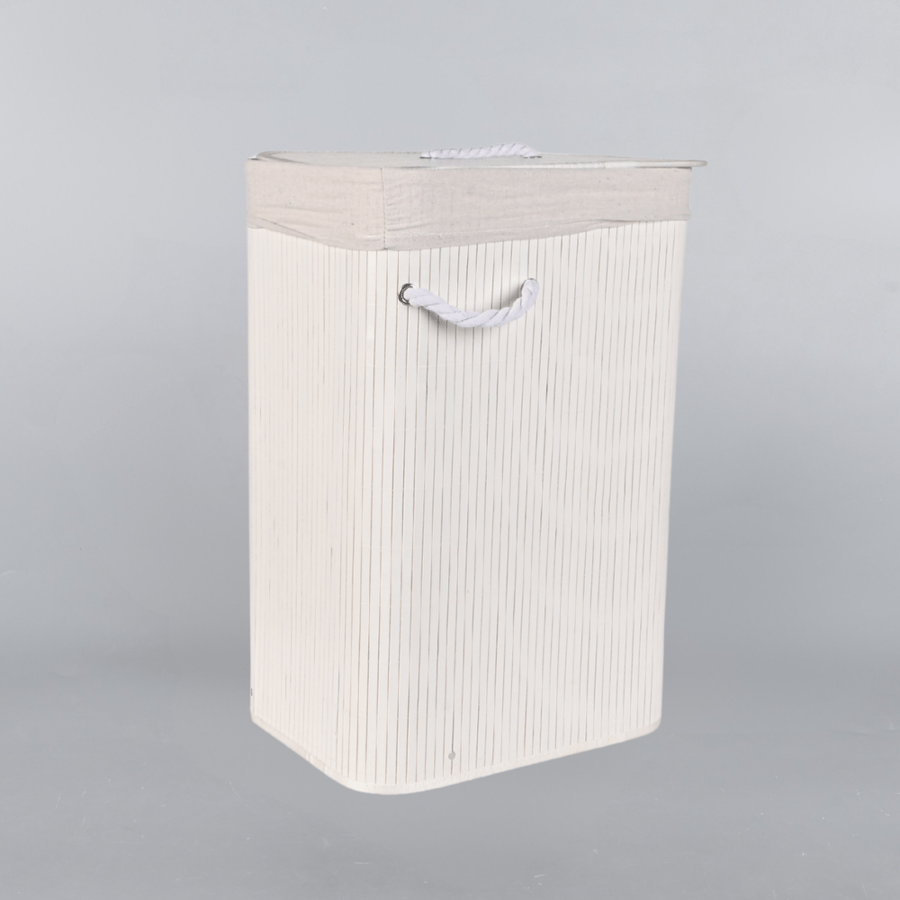 سلة غسيل مستطيلة مقاس 40×30×60 سم قابلة للطي ابيض مع غطاء خشبي وبطانة داخلية – تخزين وتنظيم الملابس