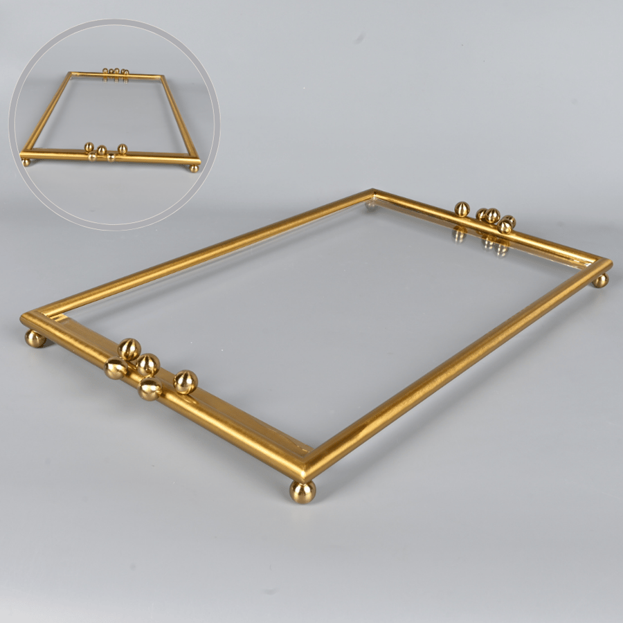 طوفرية تقديم اكريليك شفاف مستطيلة 51×31 سم بإطار استيل نحاسي – صينية أنيقة للضيافة وتقديم القهوة والشاي