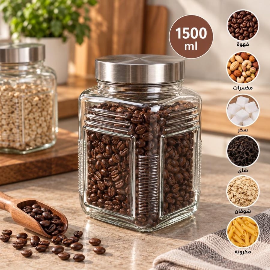 برطمان زجاج 1500 مل مع غطاء استيل مربعة – غطاء محكم لتخزين البهارات والمكونات الغذائية