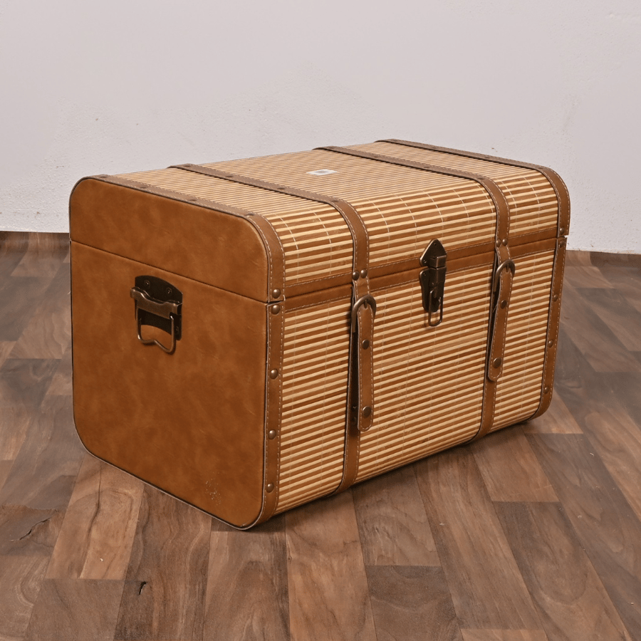 صندوق سجاد خشب ملبس جلد بني مع بيج 54×36×36 سم مستطيل – صندوق تخزين وتنظيم كلاسيكي فاخر للمفروشات والبطانيات والسجاد