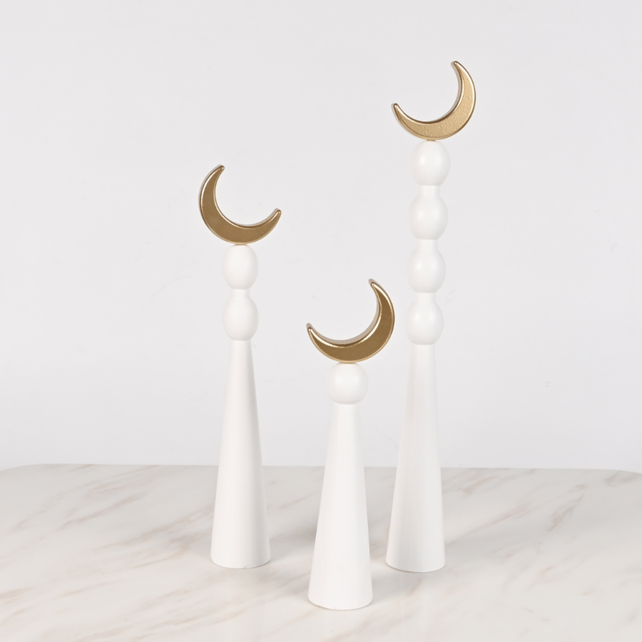 طقم ديكور زينة رمضان خشب أبيض وذهبي – تصميم مئذنة وهلال