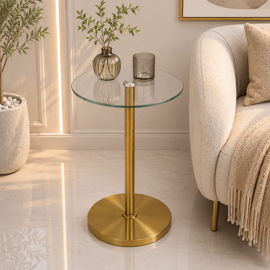 طاولة خدمة جانبية مدورة بسطح زجاج مقاس 35×55 سم لون ذهبي – طاولة صالون فوكسرنا عصرية أنيقة لغرفة المعيشة