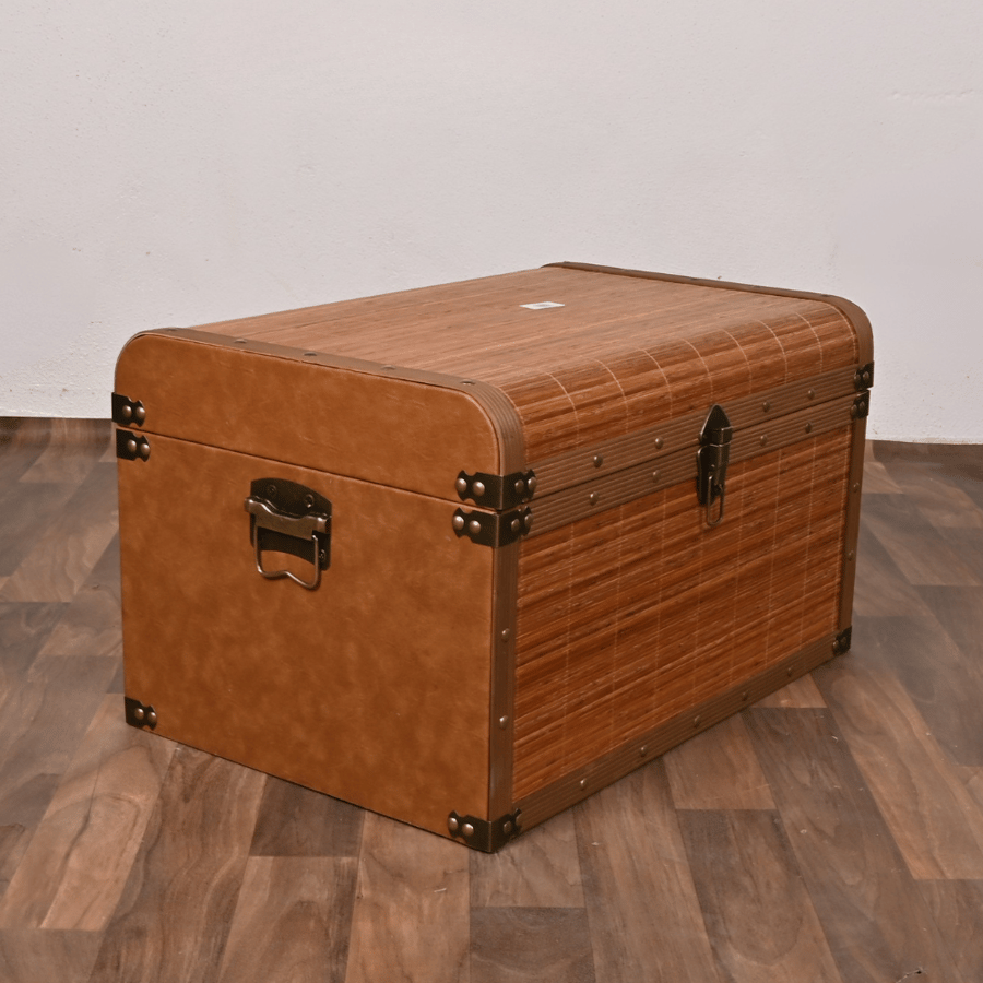 صندوق سجاد خشب ملبس جلد بني مع خشبي 60×41×36 سم مستطيل – صندوق تخزين وتنظيم كلاسيكي فاخر مناسب لغرف النوم والمجالس