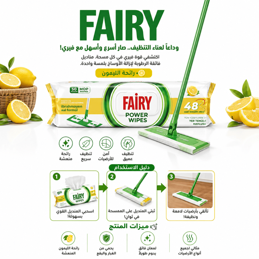 عبوة مناديل مبللة فيري لتنظيف الأرضيات 50 منديل كبير الحجم برائحة الليمون – متوافقة مع الممسحة لتنظيف عميق وإزالة البقع والأوساخ مع نظافة تدوم حتى 48 ساعة ومناسبة لمختلف أنواع الأسطح المنزلية