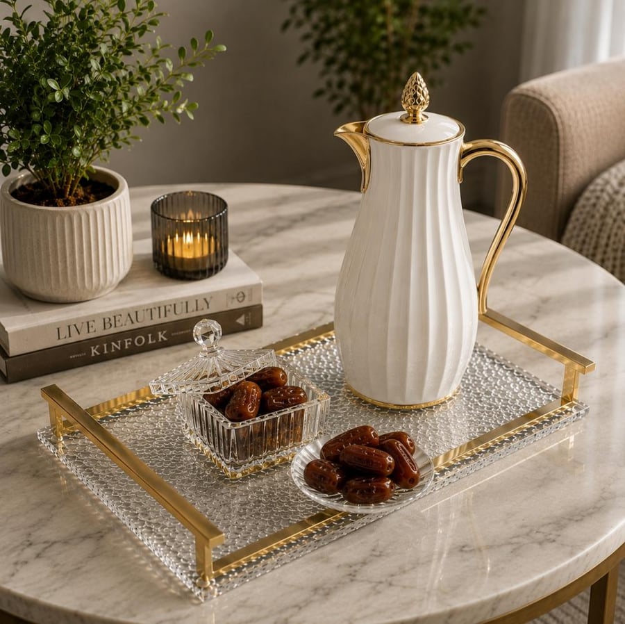 صينية تقديم مستطيلة 40×26 سم – طوفرية ضيافة فاخرة من الاكريليك المنقوش بإطار استيل نحاسي - ديكور راقٍ للمجالس والمناسبات