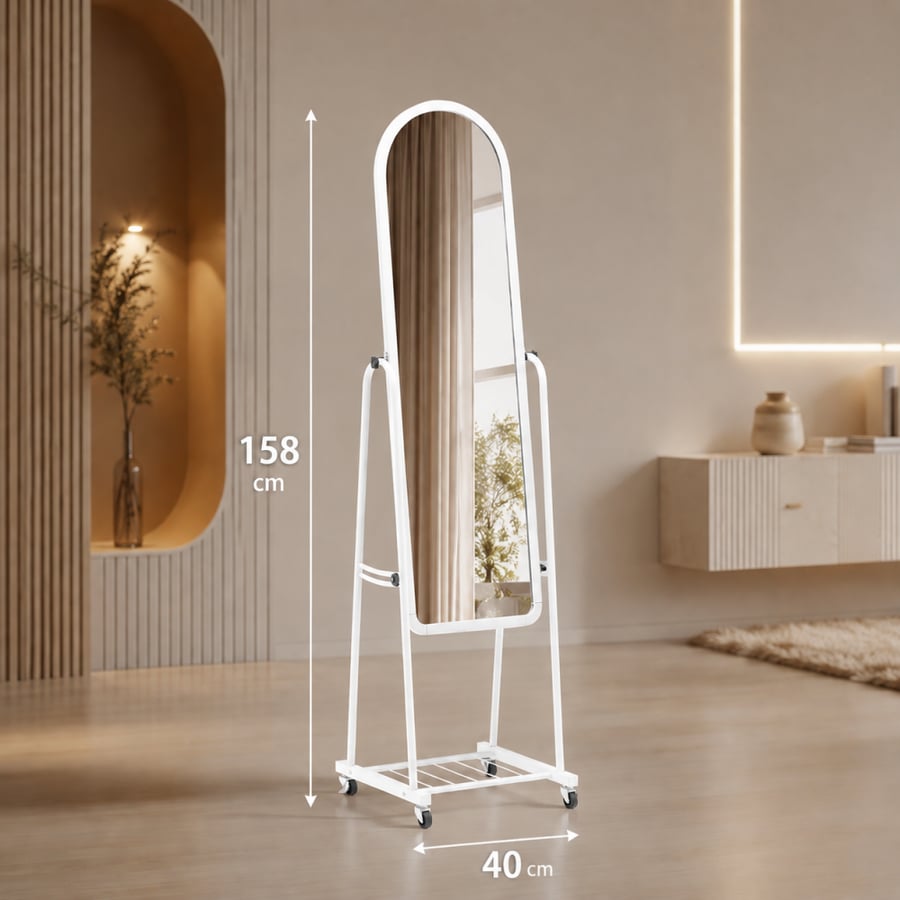 مراية لومارنا متحركة 158×40 سم لون أبيض – مرآة كاملة الطول قابلة للتعديل بتصميم عصري لغرف النوم وغرف الملابس