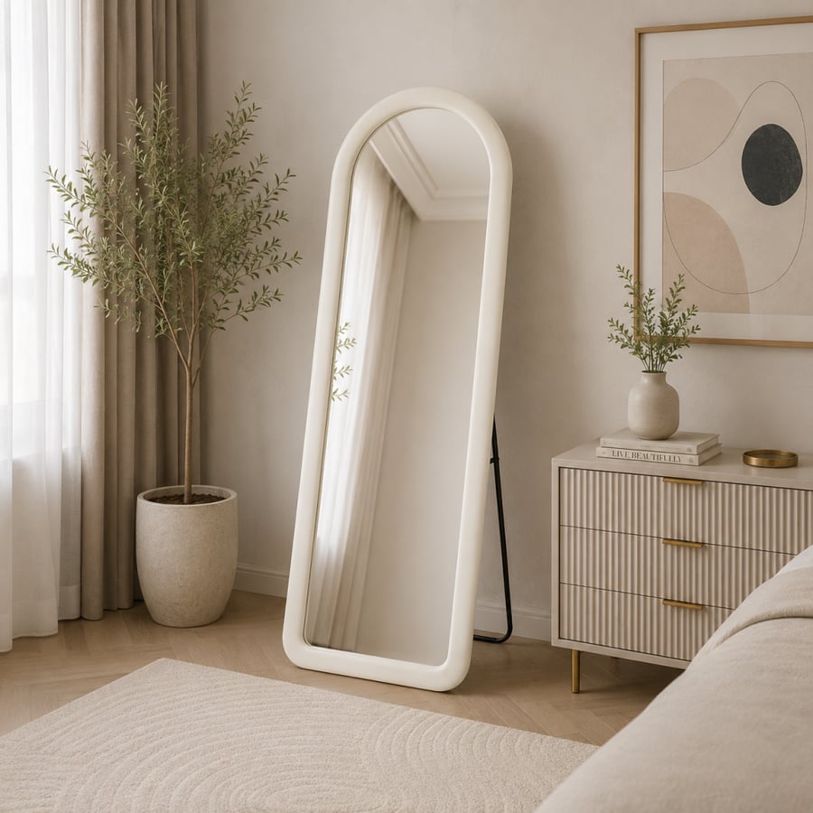 مراية أرضية طويلة نوليزا 170×70 سم بإطار مخمل أوف وايت – مرآة كاملة الطول بتصميم فاخر وأنيق لغرف النوم وغرف الملابس