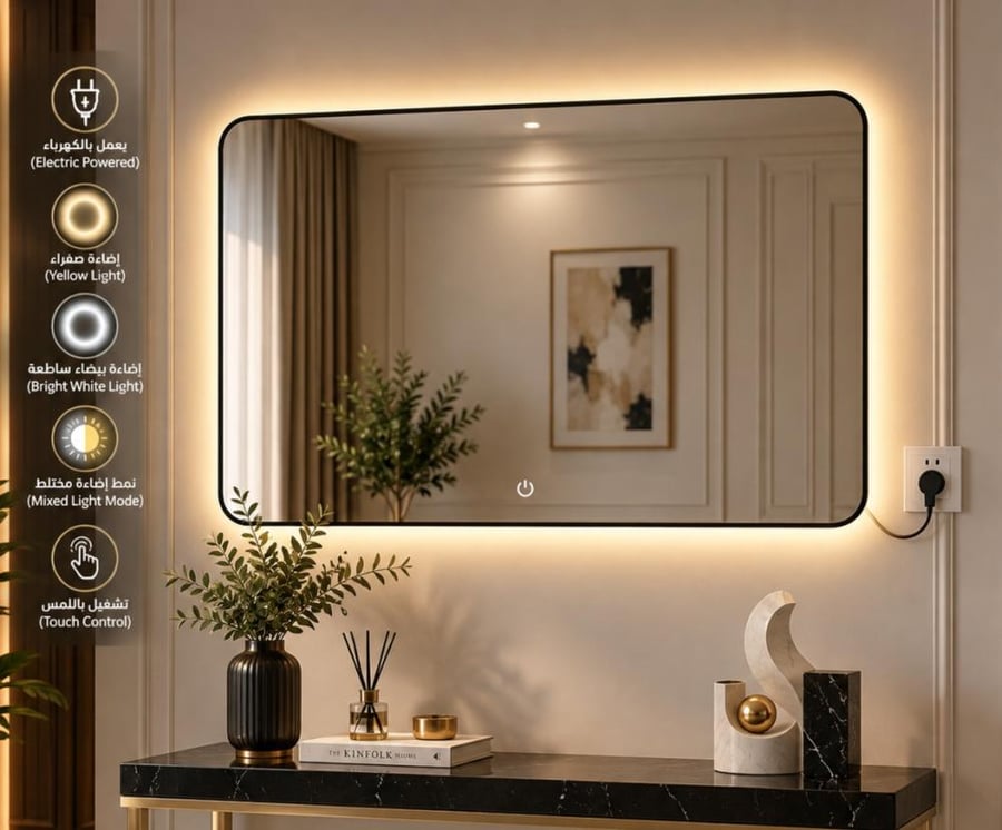 مراية جدارية LED مستطيلة فاخرة 60×120 سم اطار اسود بتصميم فاليكسو أنيق ومودرن للديكور العصري وغرف المعيشة الحديثة