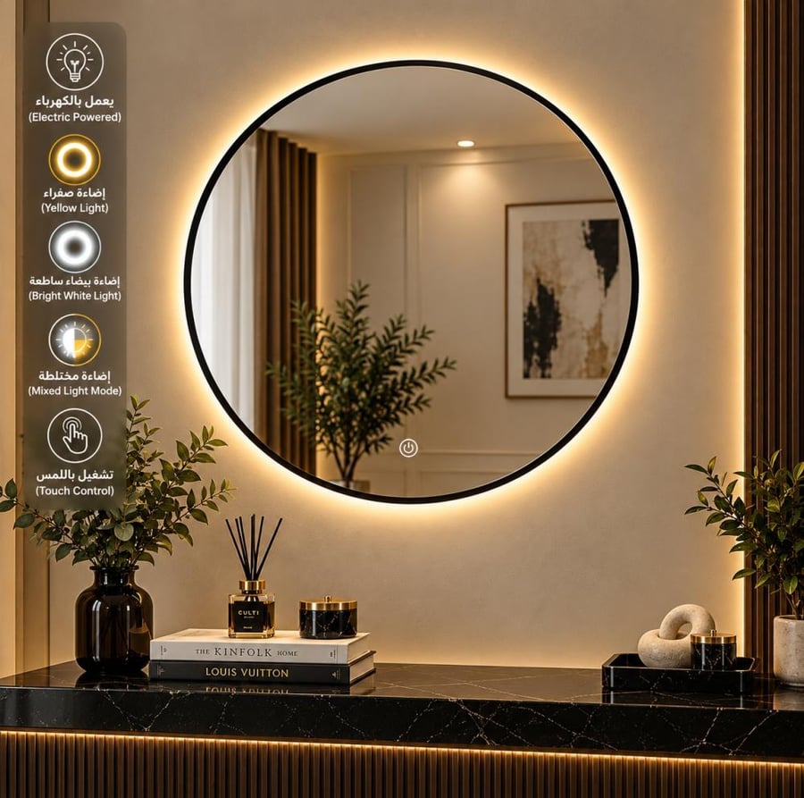 مراية جدارية LED مدورة فاخرة 80 سم اطار اسود بتصميم فيرانترا أنيق ومودرن للديكور العصري وغرف المعيشة الحديثة