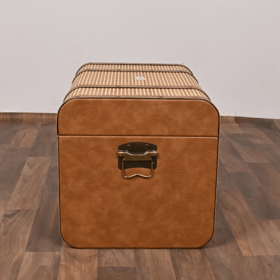 صندوق سجاد خشب ملبس جلد بني مع بيج 54×36×36 سم مستطيل – صندوق تخزين وتنظيم كلاسيكي فاخر للمفروشات والبطانيات والسجاد