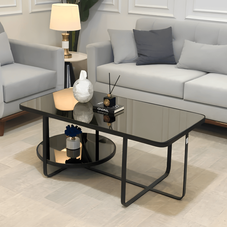 طاولة قهوة تيراليس الفاخرة 120×80 سم بتصميم مودرن دورين وسطح علوي مستطيل من الزجاج مع رف سفلي دائري زجاجي أنيق لغرف المعيشة والمجالس العصرية