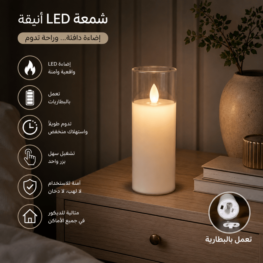 شمعة ليد زجاج 15 سم عديمة اللهب لون شفاف – تصميم فاخر من الشمع لإضاءة ديكورية أنيقة ومثالية للمنازل والمناسبات