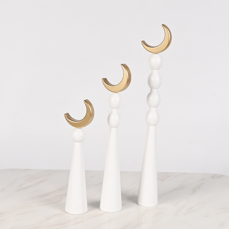 طقم ديكور زينة رمضان خشب أبيض وذهبي – تصميم مئذنة وهلال