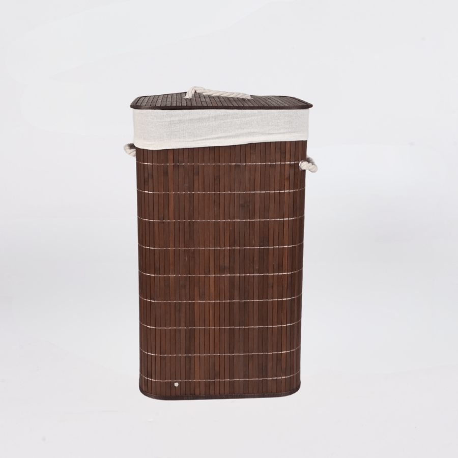سلة غسيل مربعة مقاس 35×60 سم قابلة للطي بني غامق مع غطاء خشبي وبطانة داخلية – تخزين وتنظيم الملابس