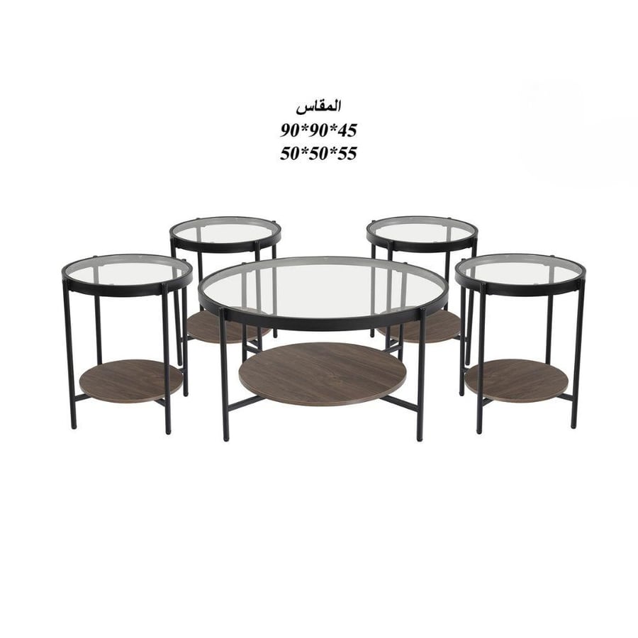 طقم طاولات قهوة أزوفين الفاخر 1+4 قطع خشب مع سطح زجاج لون بني مع أسود – طاولات شاي بتصميم عصري راقٍ للمجالس وغرف المعيشة والضيافة الأنيقة