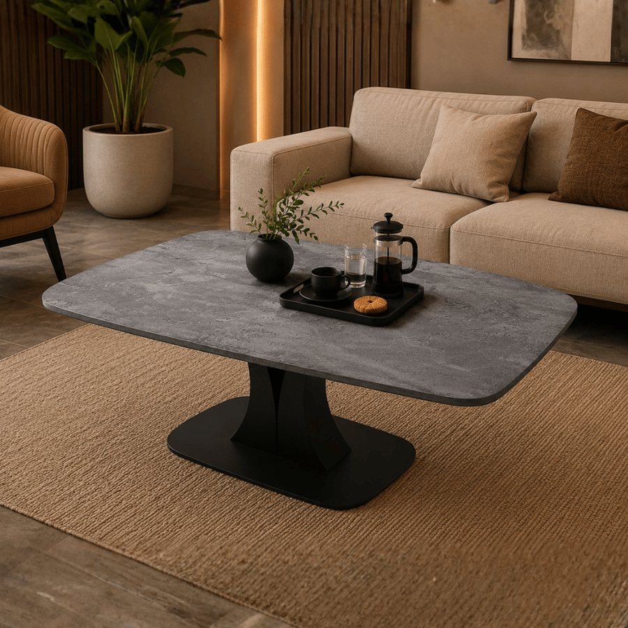 طاولة قهوة خشبية رونيكا مستطيلة 120×60 سم لون رمادي غامق – طاولة شاي أنيقة بتصميم عصري راقٍ للمجالس وغرف المعيشة والاستقبال وتقديم الضيافة