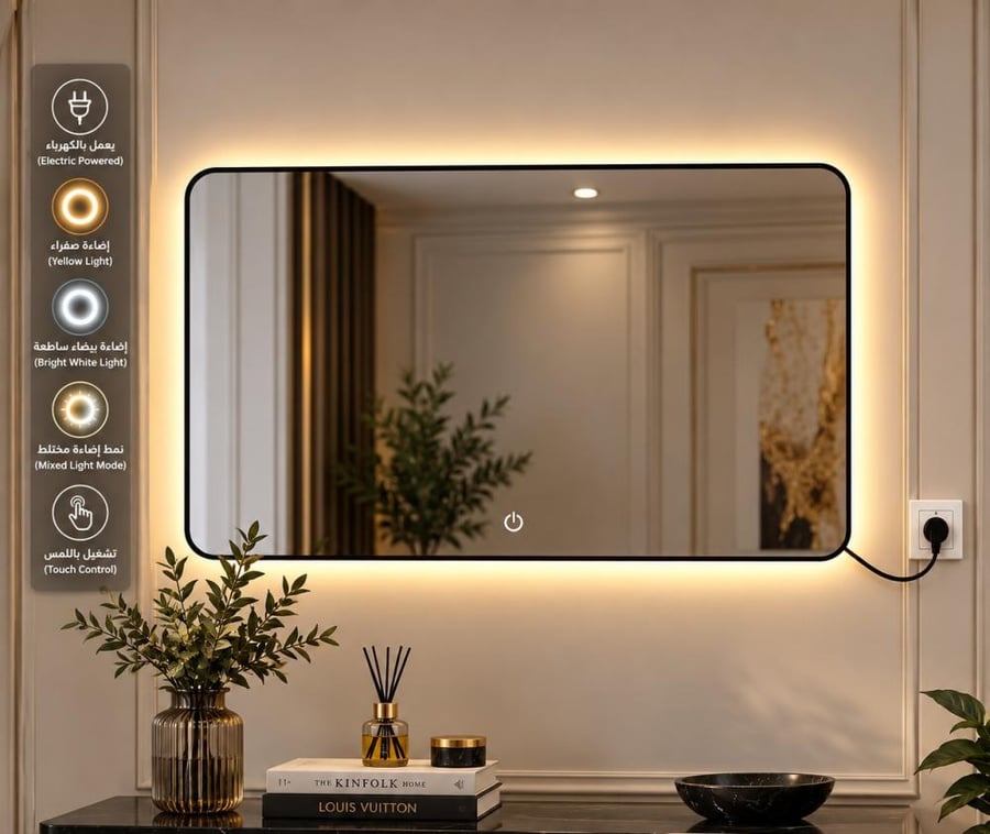 مراية جدارية LED مستطيلة فاخرة 60×80 سم اطار اسود بتصميم فاليكسو أنيق ومودرن للديكور العصري وغرف المعيشة الحديثة