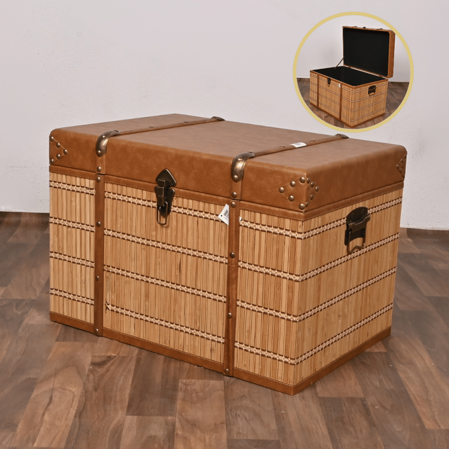 صندوق سجاد خشب ملبس جلد 60×40×41 سم مستطيل لون بني – صندوق تخزين وتنظيم كلاسيكي أنيق بتصميم فاخر وغطاء متين