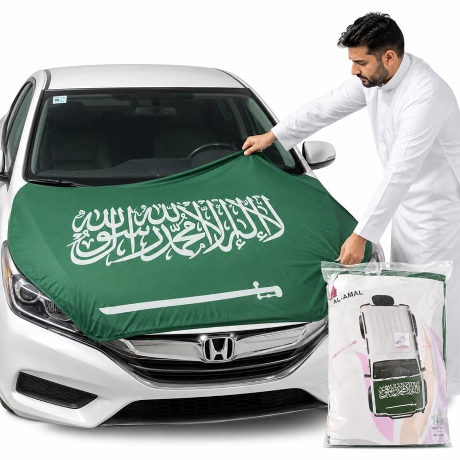 علم كبوت سيارة لليوم الوطني السعودي - الشهادتين مع سيف على خلفية خضراء
