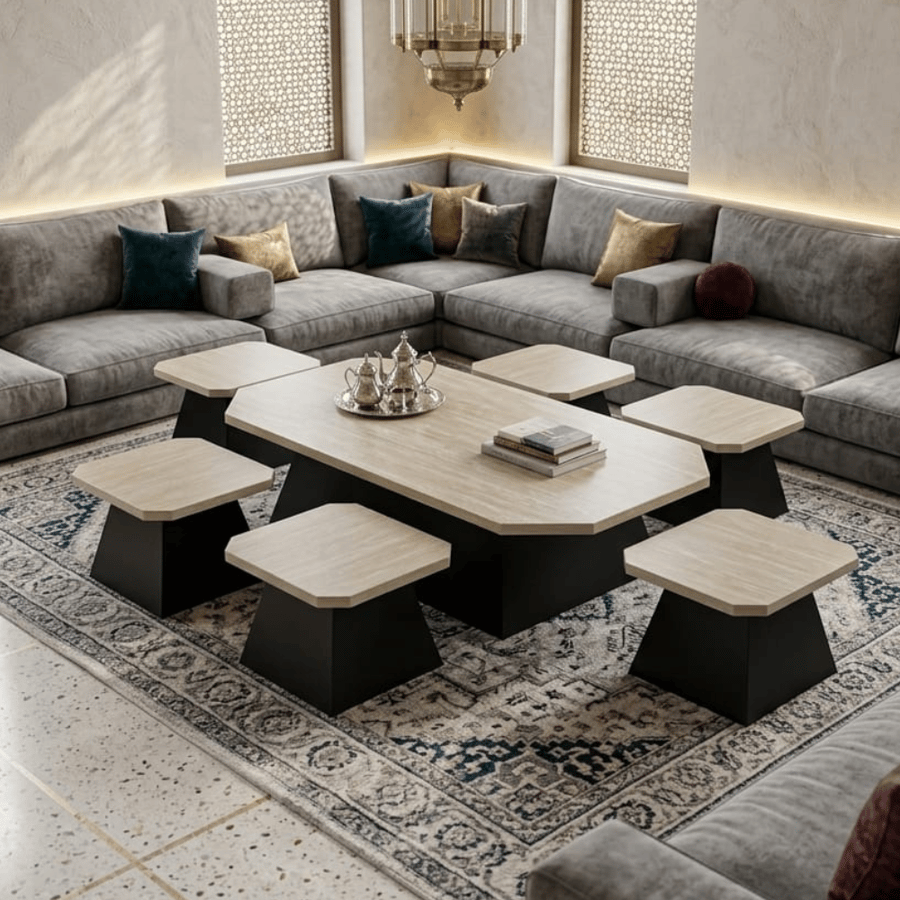طقم طاولات ضيافة  1+6 قطع بلون بيج فاتح مع أسود – طقم طاولات لوميركون  فاخر لغرف المعيشة والضيوف تصميم عصري عملي عالي الجودة للمنازل والديكور الحديث