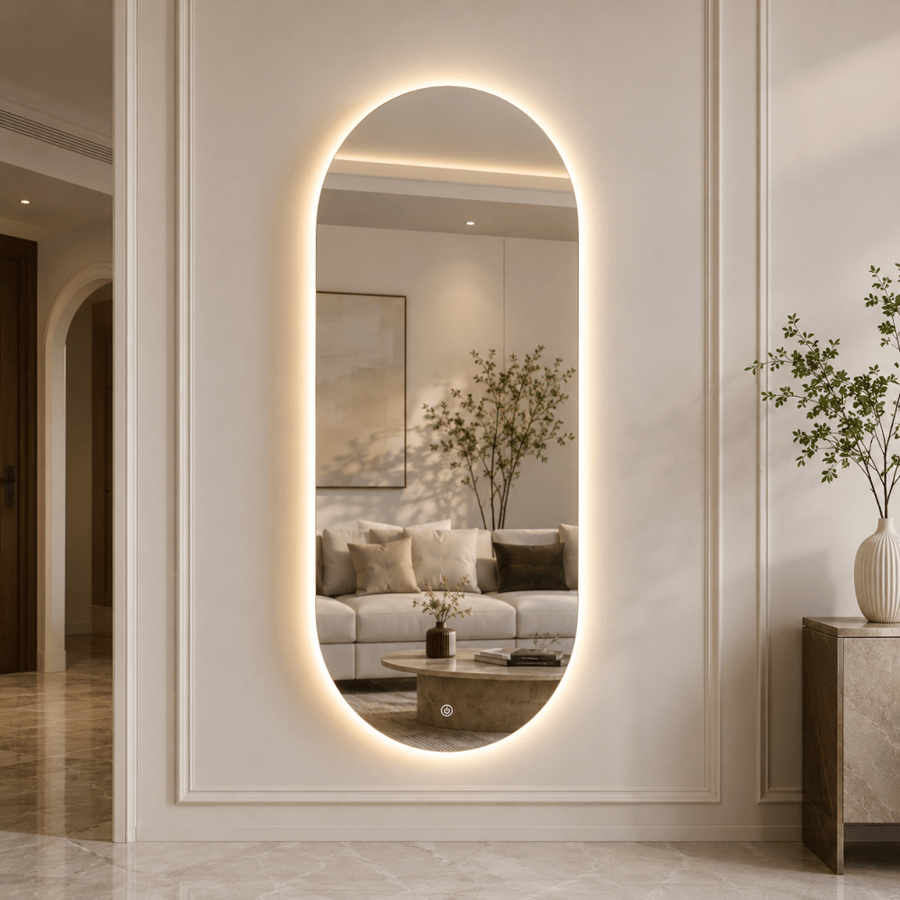 مراية جدارية LED بيضاوية فاخرة 60×120 سم بتصميم لوزيفارو أنيق ومودرن للديكور العصري وغرف المعيشة الحديثة