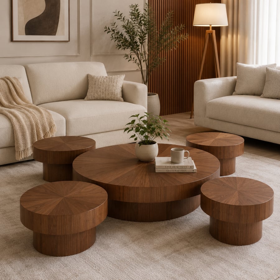 طقم طاولات قهوة رافيلون مودرن 5 قطع (1+4) دائرية خشبية – طاولات وسط بتصميم عصري فاخر متعددة الاستخدامات لغرفة المعيشة والضيافة والديكور المنزل