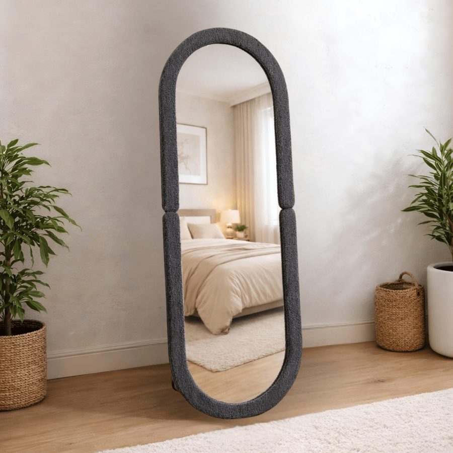 مراية أرضية طول كامل بيضاوية 160×60 سم إطار بوكلية لون رمادي – مرآة ميراف مودرن أنيقة لديكور المنزل وغرف النوم وغرف الملابس والمداخل