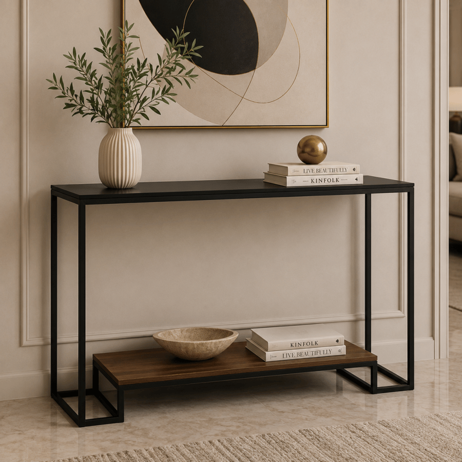 طاولة مدخل فيلوكرا دورين 120×40 سم بسطح زجاج علوي – كونسول مدخل مودرن فاخر بطابقين مع رف سفلي عملي