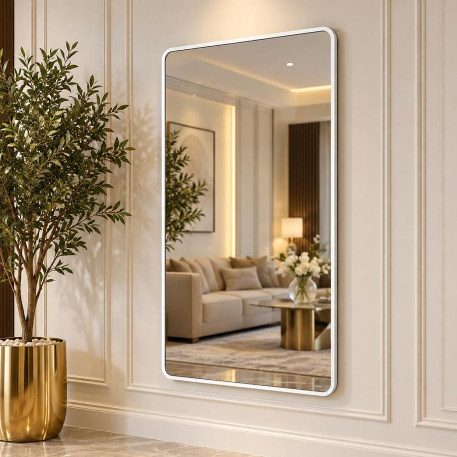 مراية حائط ليمنورا 120×60 سم بإطار معدني أبيض – مرآة ديكور مستطيلة بتصميم عصري فاخر تضيف الأناقة والاتساع للمداخل وغرف المعيشة وغرف النوم