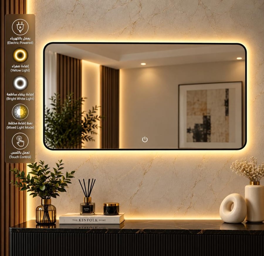 مراية جدارية LED مستطيلة فاخرة 80×160 سم اطار اسود بتصميم فاليكسو أنيق ومودرن للديكور العصري وغرف المعيشة الحديثة