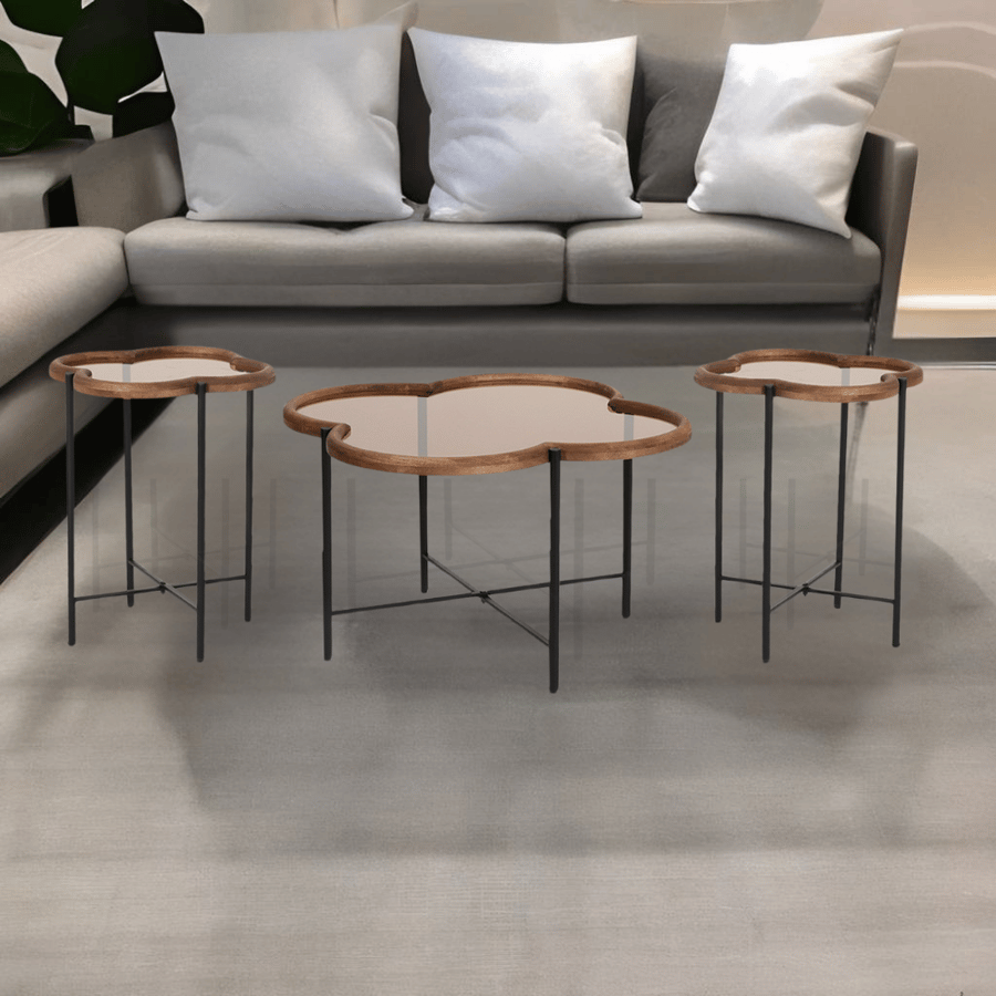 طقم طاولات ضيافة 1+2 زجاج مع قواعد معدنية وإطار خشبي - تصميم عصري وعالي الجودة