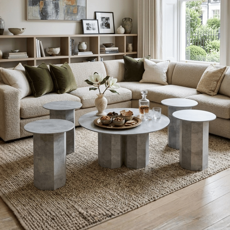 طقم طاولات قهوة مارفينتا 1+4 رخامية لون رمادي – تصميم عصري أنيق للضيافة وغرف المعيشة مع خامات عالية الجودة ولمسة ديكور راقية