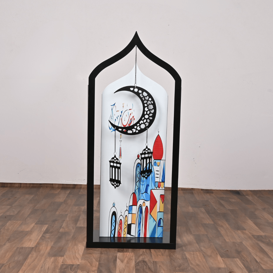 استاند رمضان حديد مع تعليقة هلال وفوانيس مقاس 107 سم – تصميم أنيق بعبارة رمضان مبارك مع رسومات اسلامية