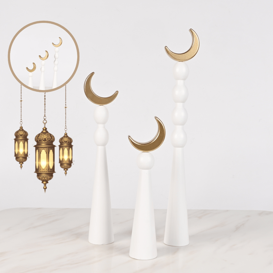 طقم ديكور زينة رمضان خشب أبيض وذهبي – تصميم مئذنة وهلال