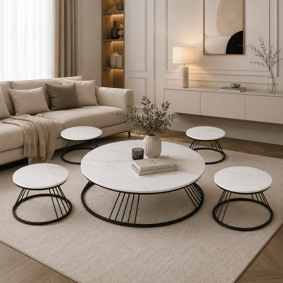 طقم طاولات ضيافة دالينور الفاخر 1+4 قطعة بتصميم مودرن أرضي دائري مع أسطح خشبية أنيقة وطاولات جانبية مدورة راقية لغرف المعيشة والمجالس