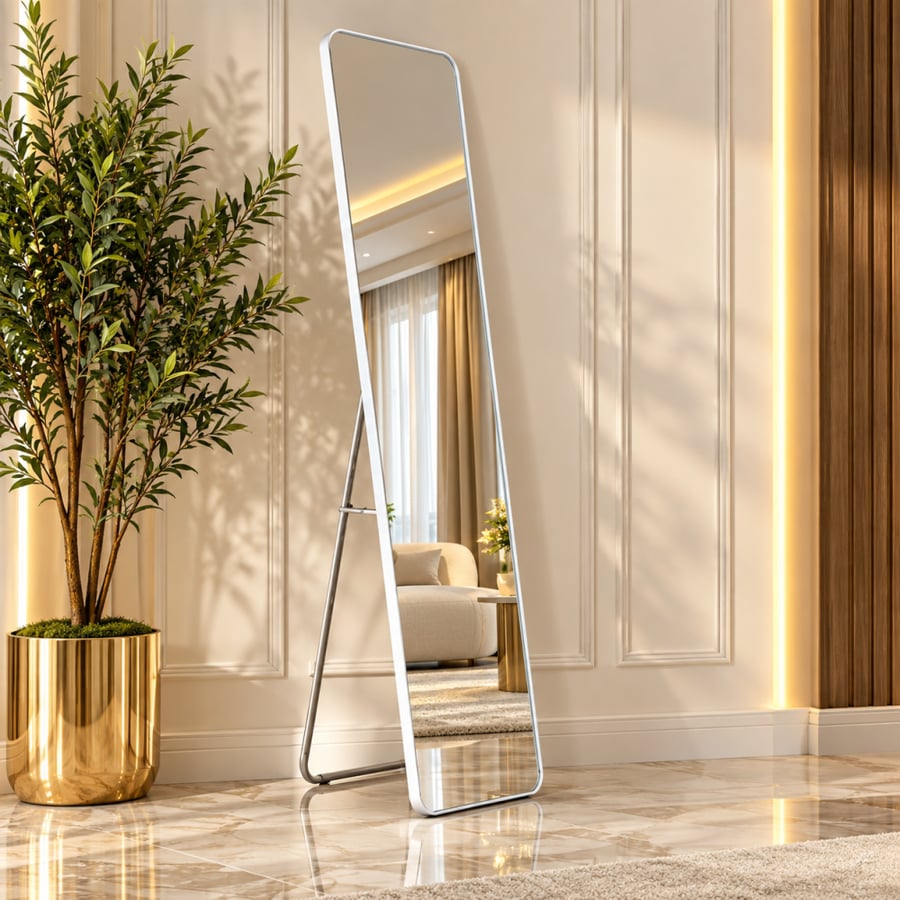 مراية أرضية ميرارتا فاخرة 146×36 سم مع ستاند خلفي وإطار أبيض أنيق – مرآة ديكور كاملة الطول للمنزل وغرف النوم والملابس