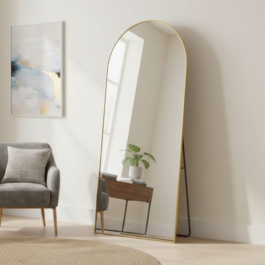 مراية ليرتاترا الطويلة. الأرضية 180×60 سم بإطار ذهبي فاخر مع استاند ثابت – مرآة كبيرة بتصميم مقوس أنيق لغرف النوم وغرف الملابس والديكور العصري