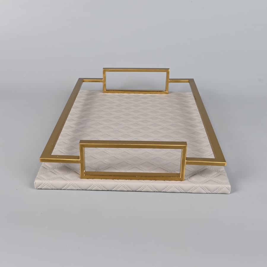 طوفرية تقديم مستطيلة 40×26 سم جلد رمادي غامق بإطار استيل نحاسي - صينية ضيافة وديكور راقية
