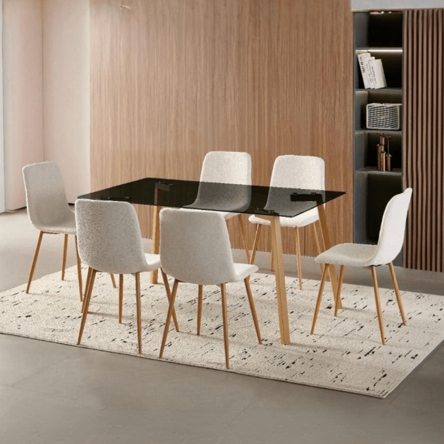 طقم طاولة طعام زجاج مظلل مستطيلة 150 سم مع 6 كراسي لون ابيض – تافيرا تصميم أنيق