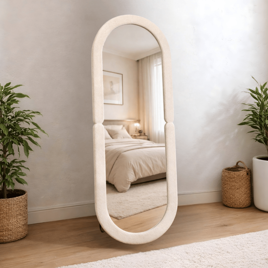 مراية أرضية طول كامل بيضاوية 160×60 سم إطار بوكلية لون أبيض – مرآة ميراف مودرن أنيقة لديكور المنزل وغرف النوم وغرف الملابس والمداخل