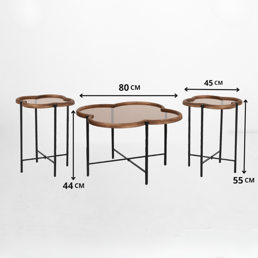 طقم طاولات ضيافة 1+2 زجاج مع قواعد معدنية وإطار خشبي - تصميم عصري وعالي الجودة